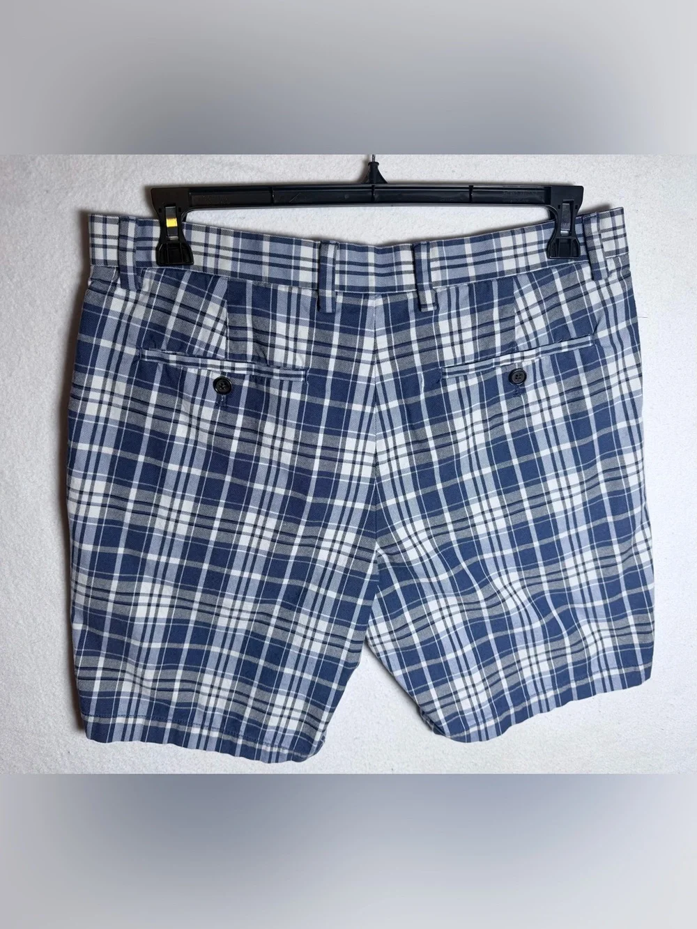 Banana Republic Aiden Shorts Mens 34 Blue Gray Plaid Flat Front Slim Chino
